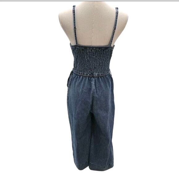 Hollister Womens Stretch Denim Wide-Leg Cropped Jumpsuit Sz S Smocked Pockets - Picture 2 of 11